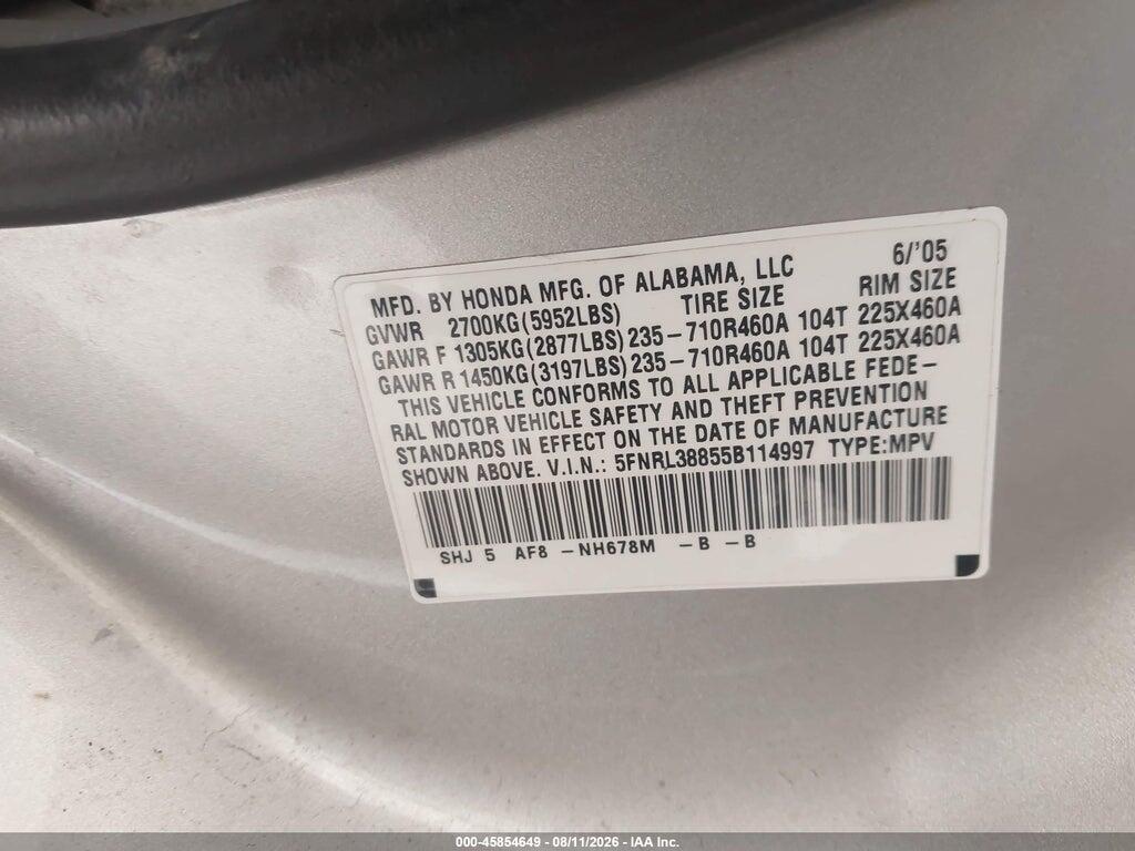 5FNRL38855B114997 2005 HONDA ODYSSEY photo no. 9