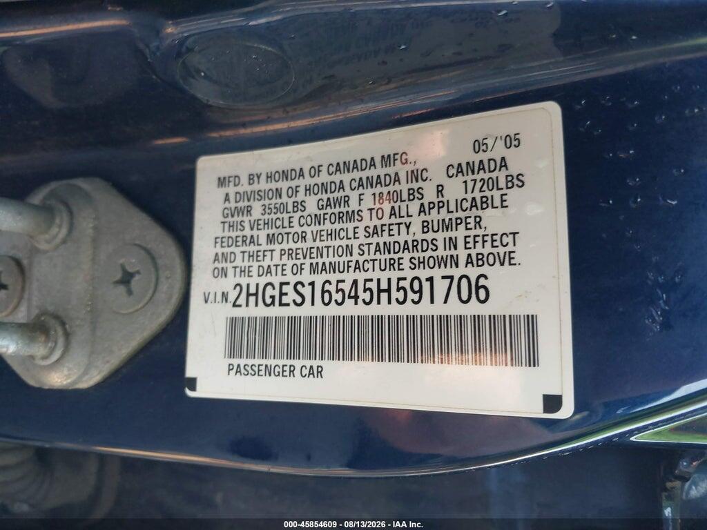 2HGES16545H591706 2005 HONDA CIVIC photo no. 9