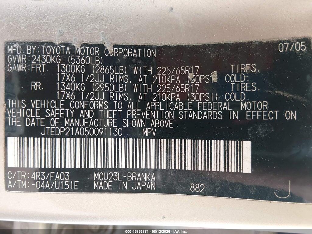 JTEDP21A050091130 2005 TOYOTA HIGHLANDER photo no. 9