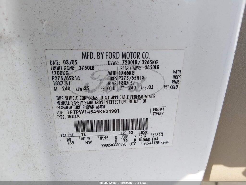 1FTPW14545KE24981 2005 FORD F-150 photo no. 9