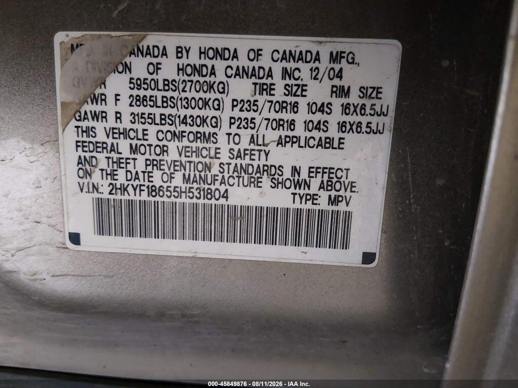 2HKYF18655H531804 2005 HONDA PILOT photo no. 9
