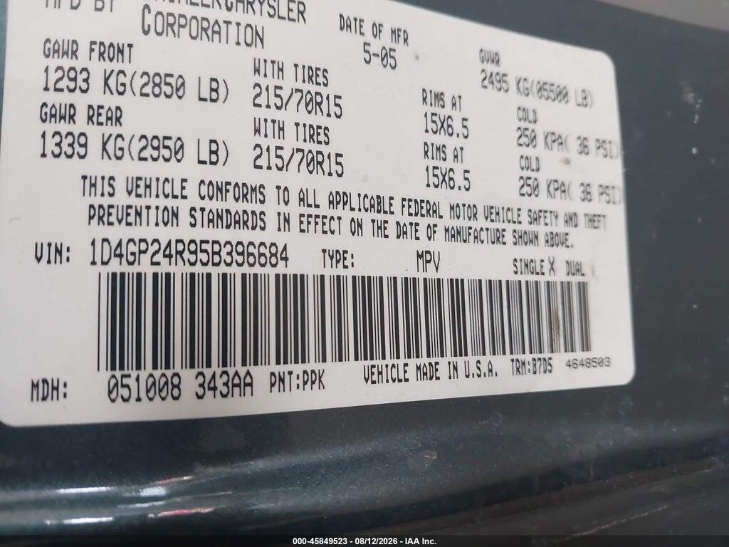 1D4GP24R95B396684 2005 DODGE GRAND CARAVAN photo no. 9