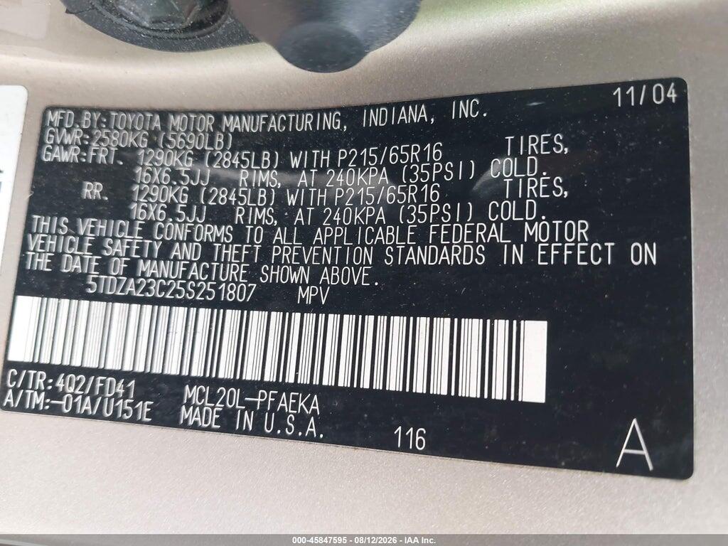 5TDZA23C25S251807 2005 TOYOTA SIENNA photo no. 9