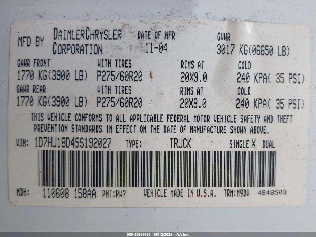 1D7HU18D45S192027 2005 DODGE RAM 1500 photo no. 9