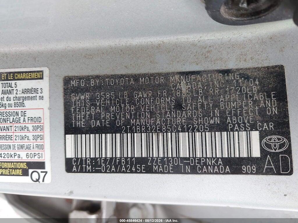 2T1BR32E85C412205 2005 TOYOTA COROLLA photo no. 9