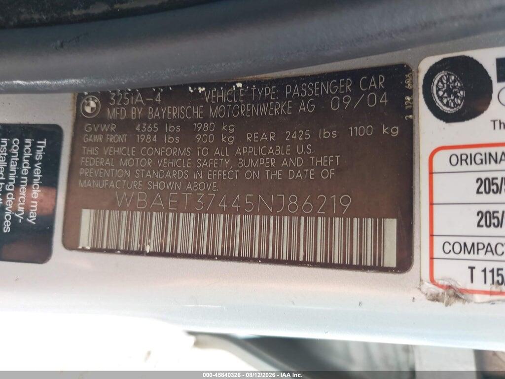 WBAET37445NJ86219 2005 BMW 325I photo no. 9