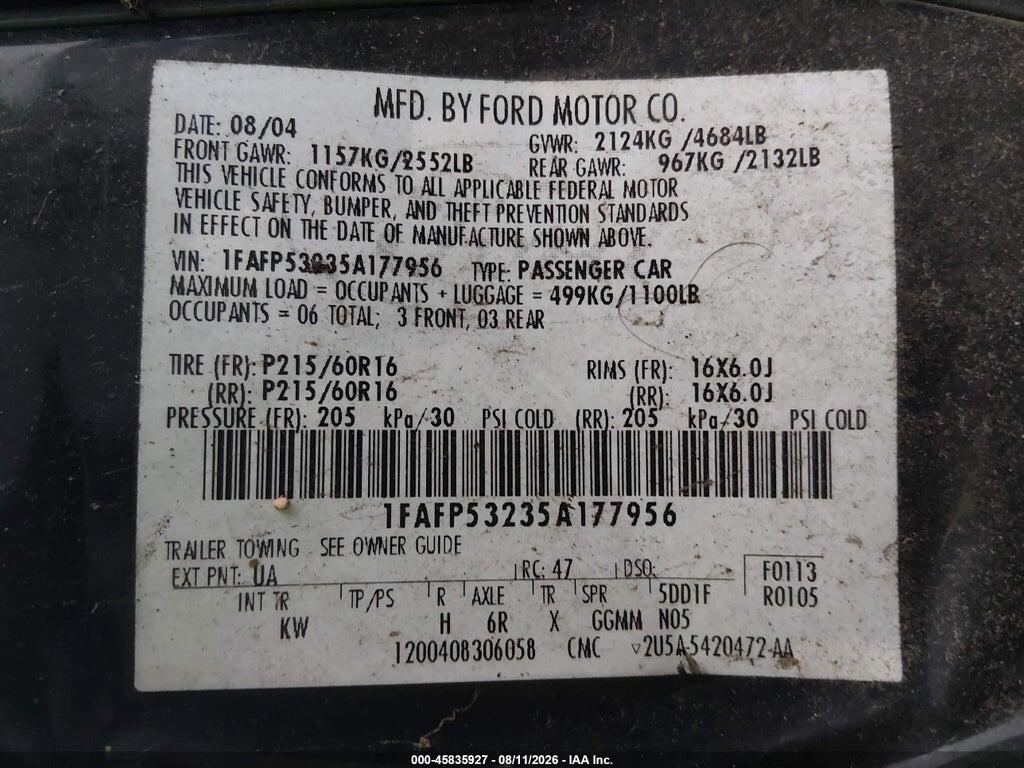 1FAFP53235A177956 2005 FORD TAURUS photo no. 9