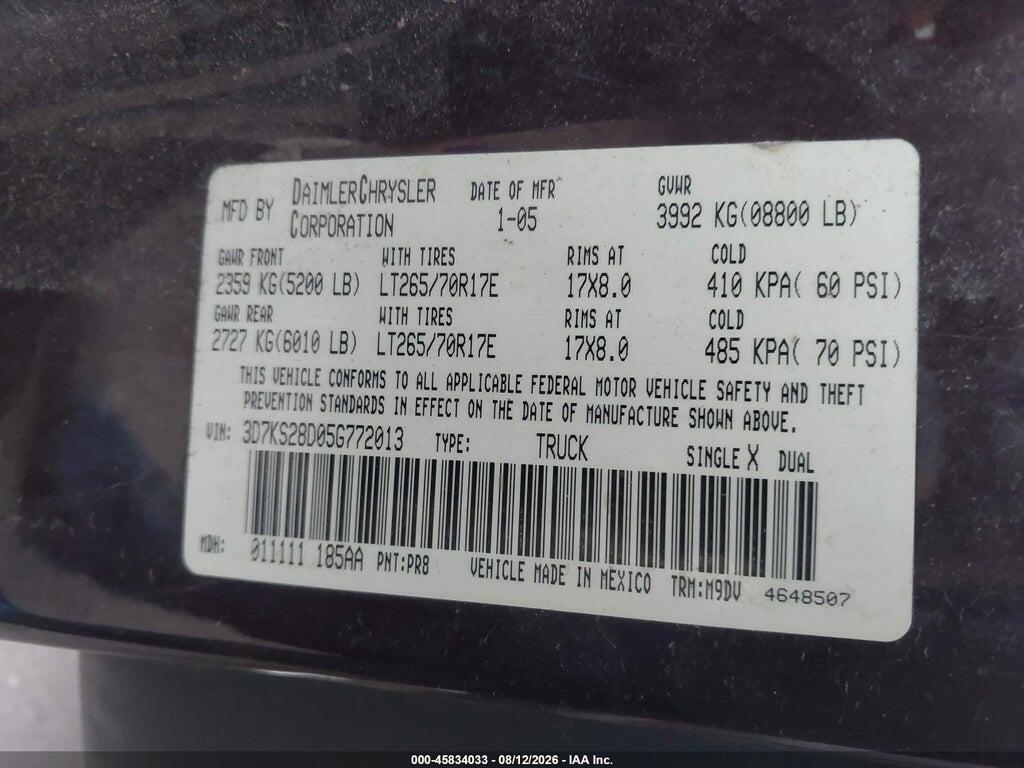 3D7KS28D05G772013 2005 DODGE RAM 2500 photo no. 9
