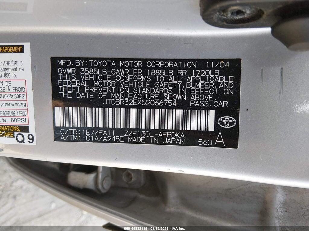 JTDBR32EX52066754 2005 TOYOTA COROLLA photo no. 9