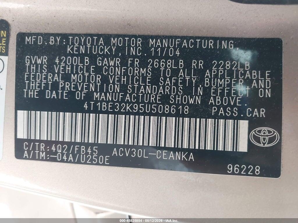 4T1BE32K95U508618 2005 TOYOTA CAMRY photo no. 9