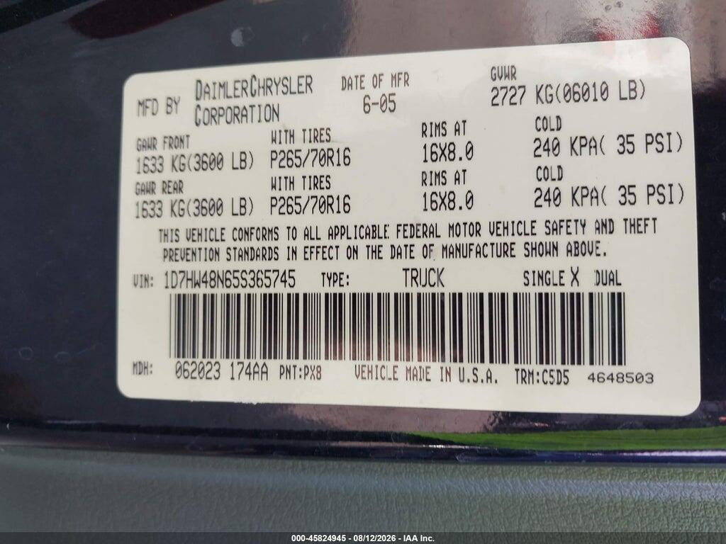 1D7HW48N65S365745 2005 DODGE DAKOTA photo no. 9