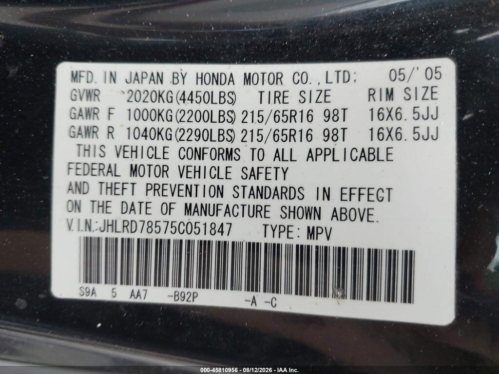 JHLRD78575C051847 2005 HONDA CR-V photo no. 9