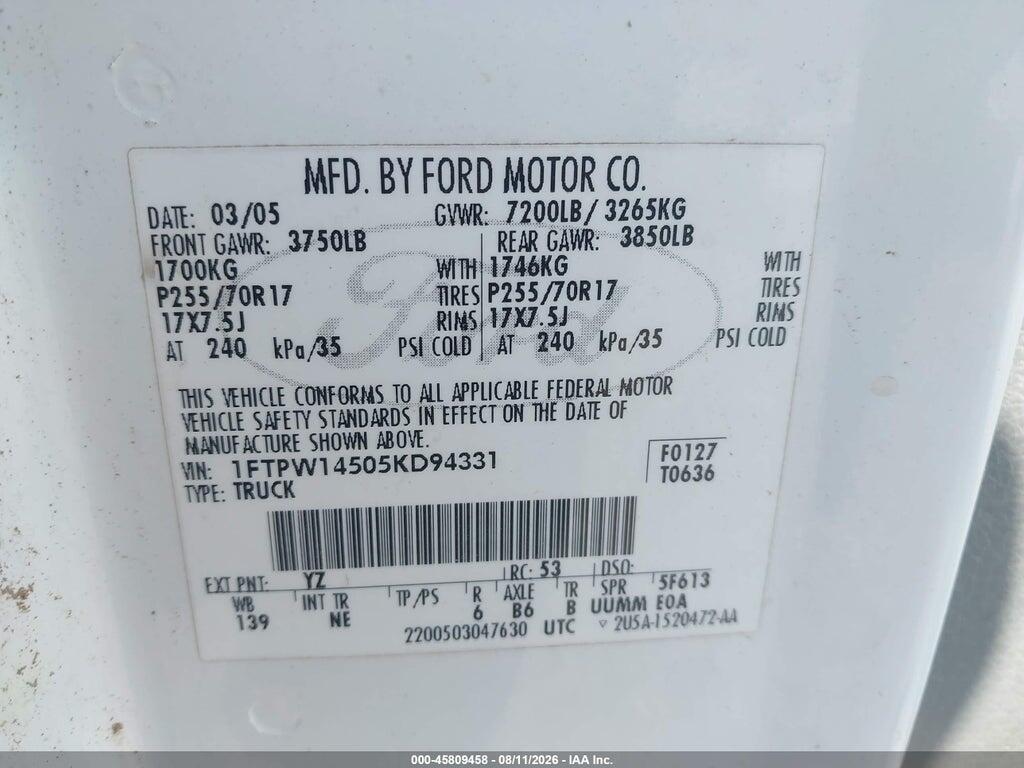 1FTPW14505KD94331 2005 FORD F-150 photo no. 9
