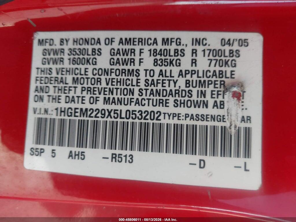 1HGEM229X5L053202 2005 HONDA CIVIC photo no. 9