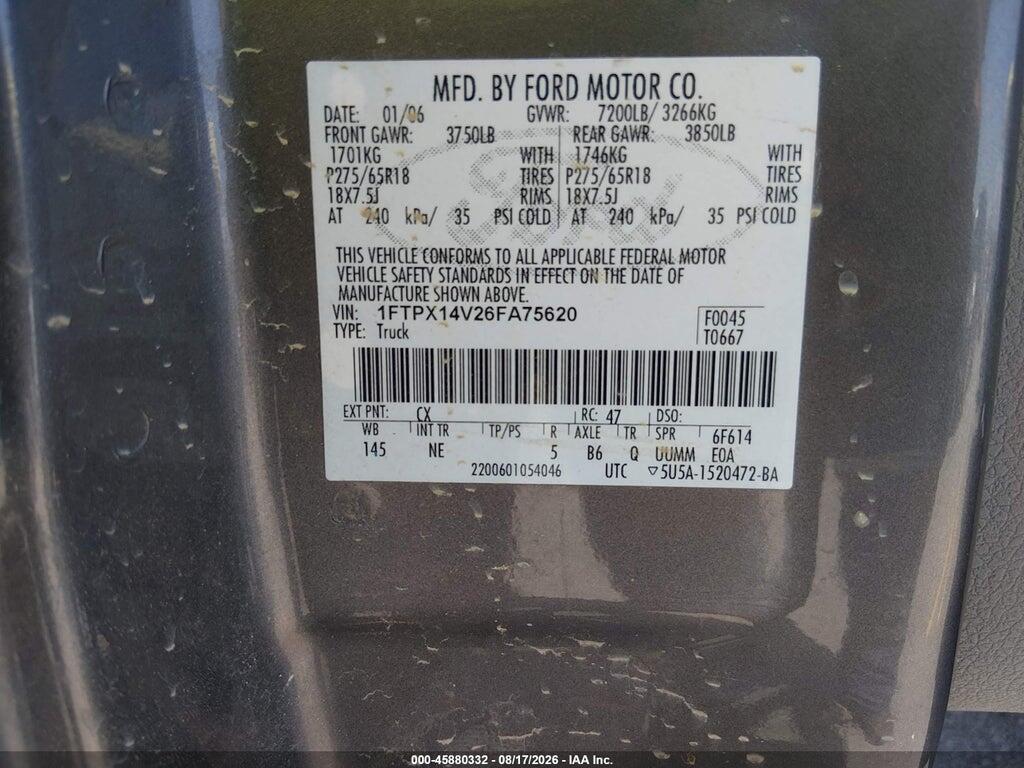 1FTPX14V26FA75620 2006 FORD F-150 photo no. 9
