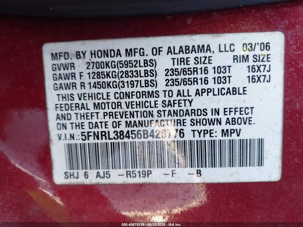 5FNRL38456B428776 2006 HONDA ODYSSEY photo no. 9