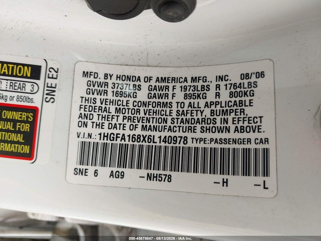 1HGFA168X6L140978 2006 HONDA CIVIC photo no. 9