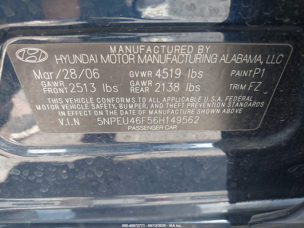 5NPEU46F56H149562 2006 HYUNDAI SONATA photo no. 9