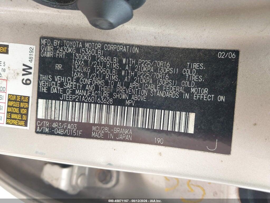 JTEEP21A260163628 2006 TOYOTA HIGHLANDER photo no. 9