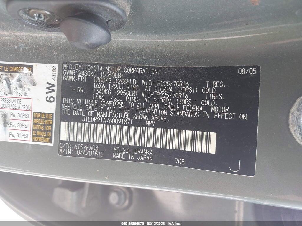 JTEDP21A760091871 2006 TOYOTA HIGHLANDER photo no. 9