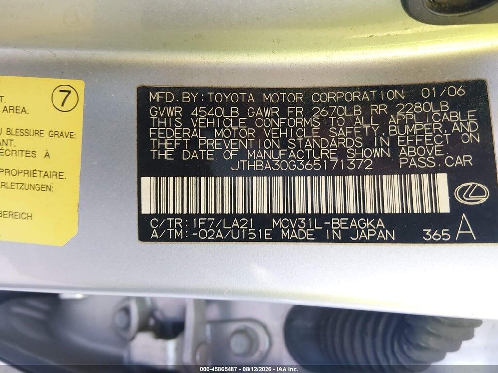 JTHBA30G365171372 2006 LEXUS ES 330 photo no. 9