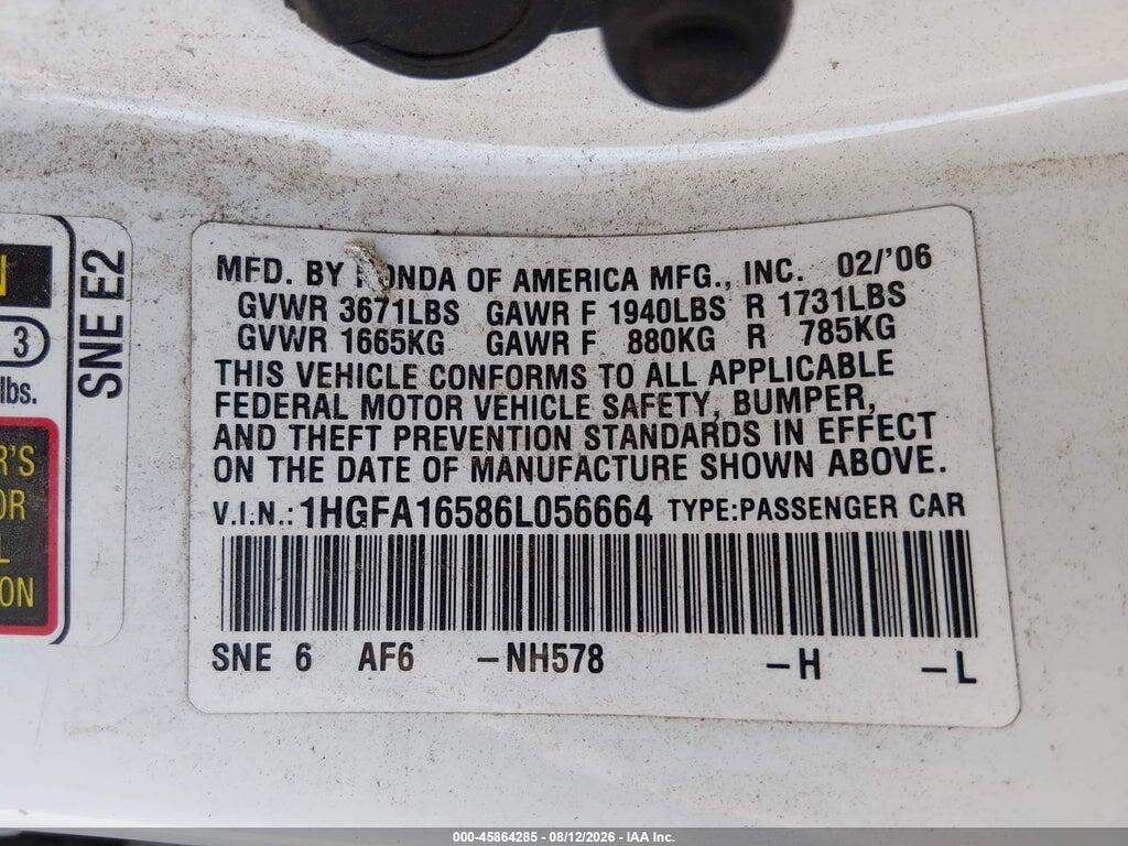 1HGFA16586L056664 2006 HONDA CIVIC photo no. 9
