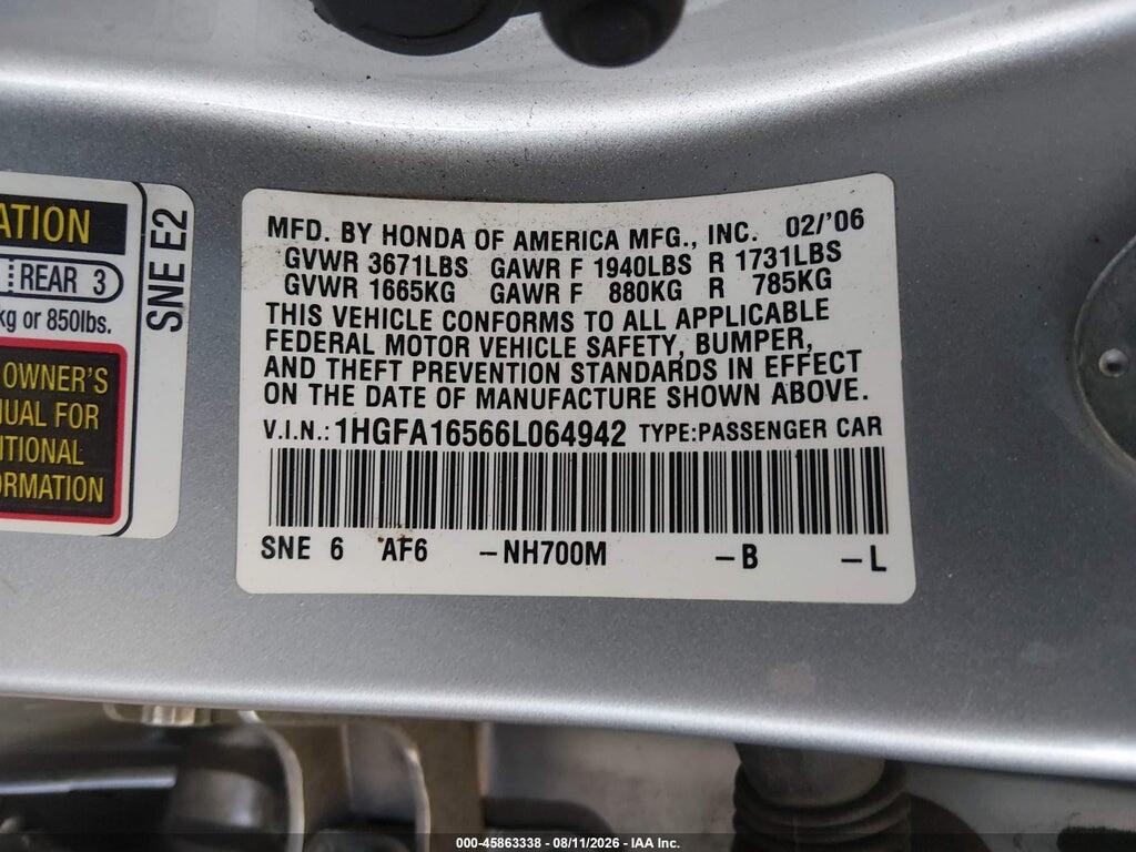 1HGFA16566L064942 2006 HONDA CIVIC photo no. 9