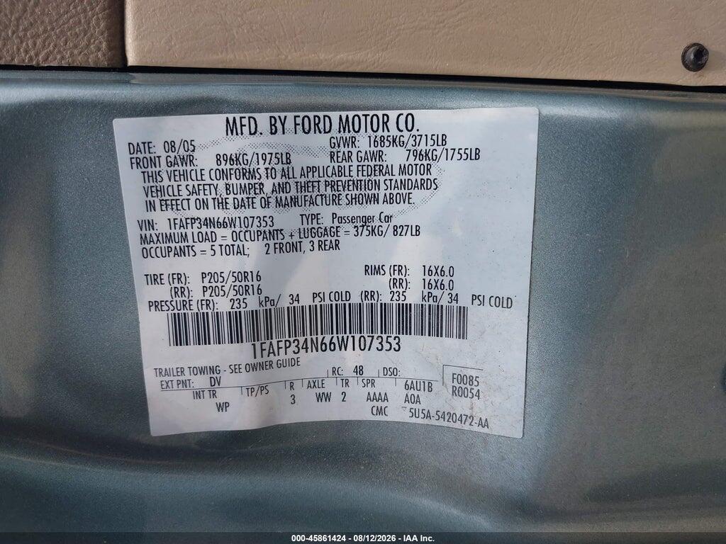 1FAFP34N66W107353 2006 FORD FOCUS photo no. 9