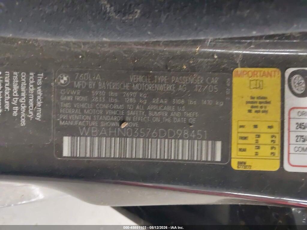 WBAHN03576DD98451 2006 BMW 760LI photo no. 9