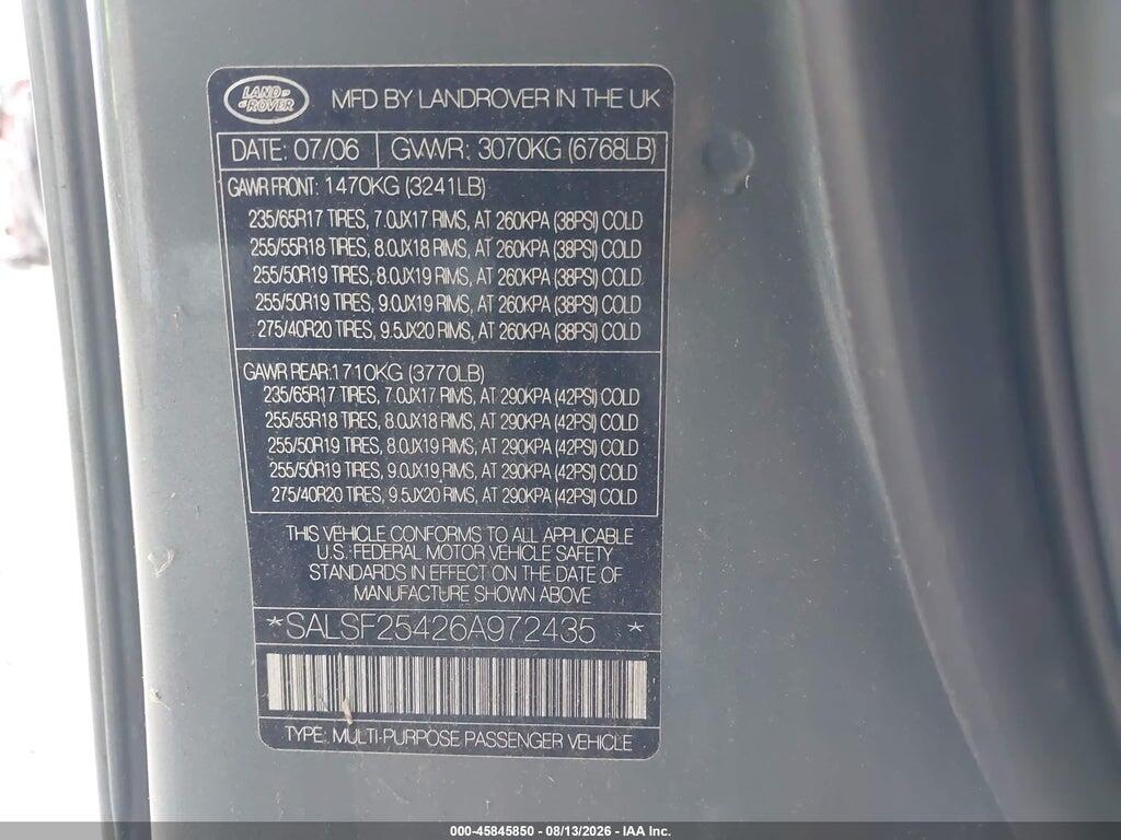 SALSF25426A972435 2006 LAND ROVER RANGE ROVER SPORT photo no. 9
