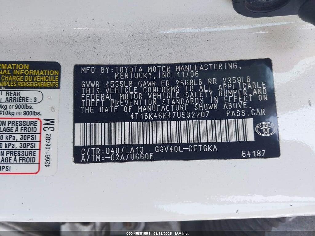 4T1BK46K47U532207 2007 TOYOTA CAMRY photo no. 9