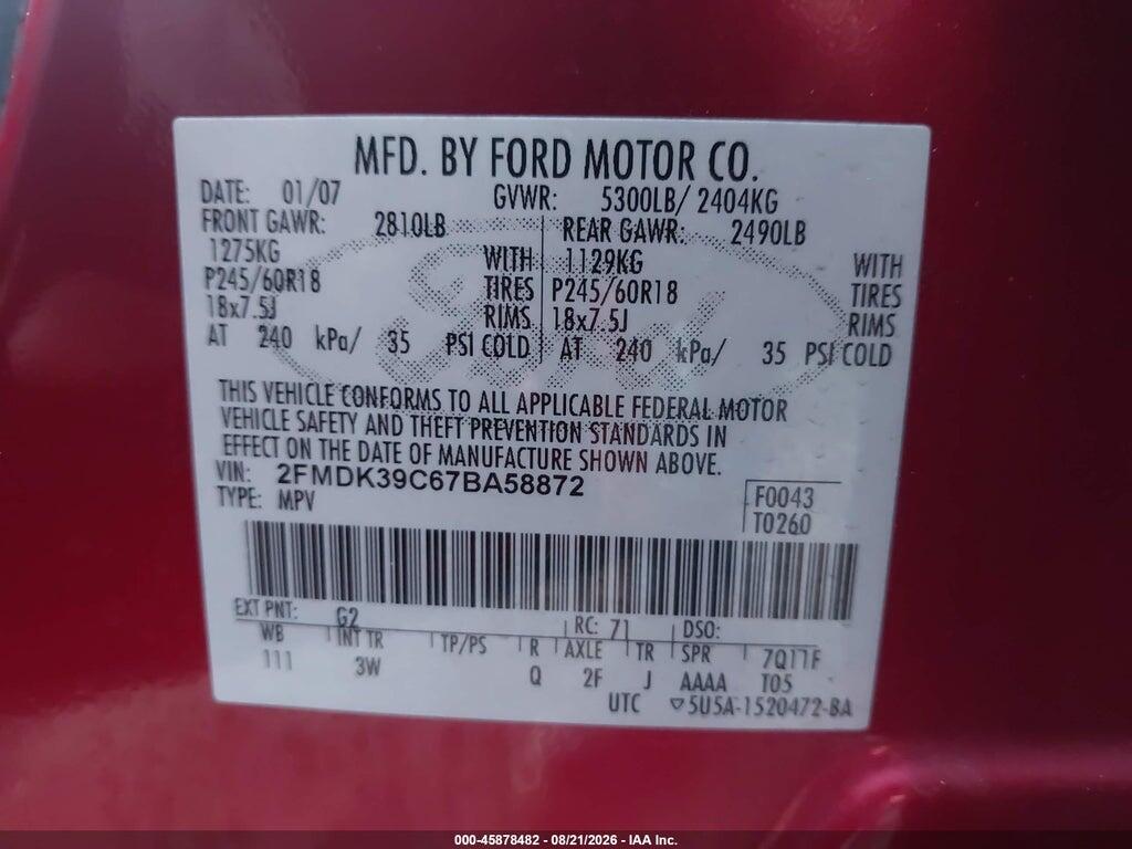 2FMDK39C67BA58872 2007 FORD EDGE photo no. 9