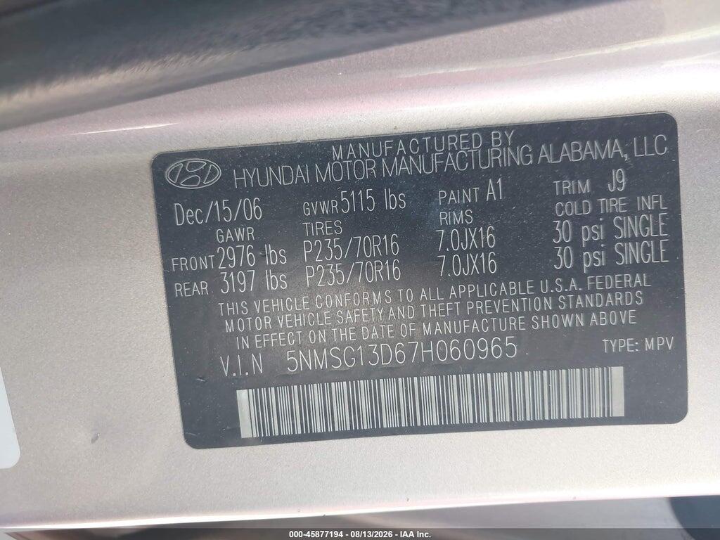 5NMSG13D67H060965 2007 HYUNDAI SANTA FE photo no. 9