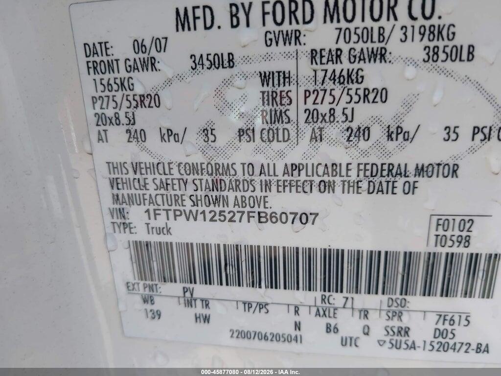 1FTPW12527FB60707 2007 FORD F-150 photo no. 9