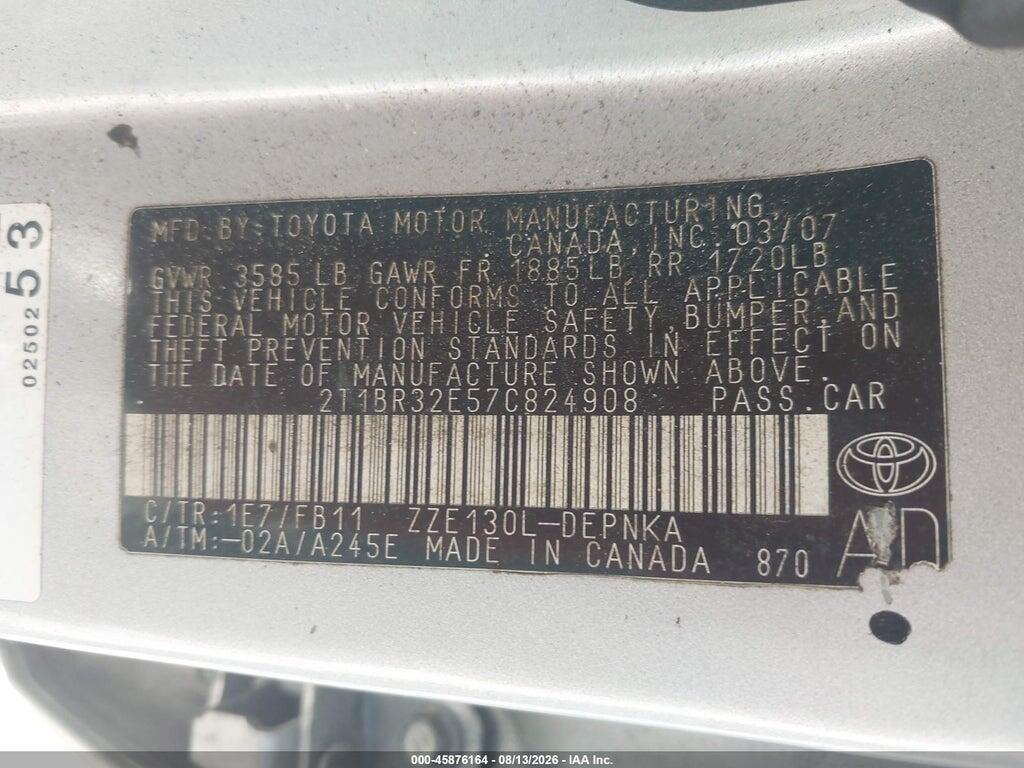 2T1BR32E57C824908 2007 TOYOTA COROLLA photo no. 9