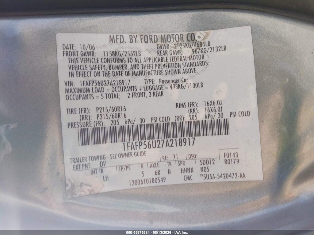 1FAFP56U27A218917 2007 FORD TAURUS photo no. 9