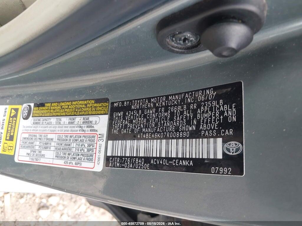 4T4BE46K07R008890 2007 TOYOTA CAMRY photo no. 9