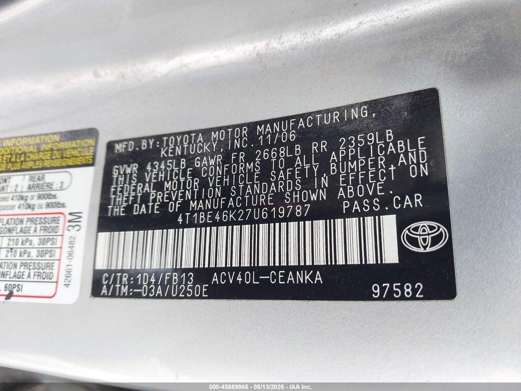 4T1BE46K27U619787 2007 TOYOTA CAMRY photo no. 9