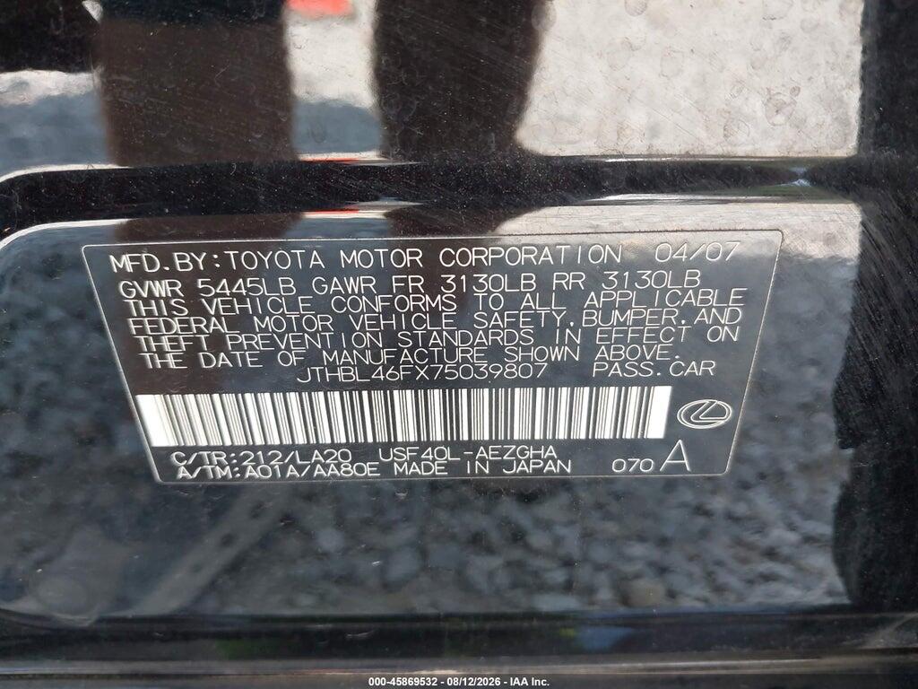 JTHBL46FX75039807 2007 LEXUS LS 460 photo no. 9
