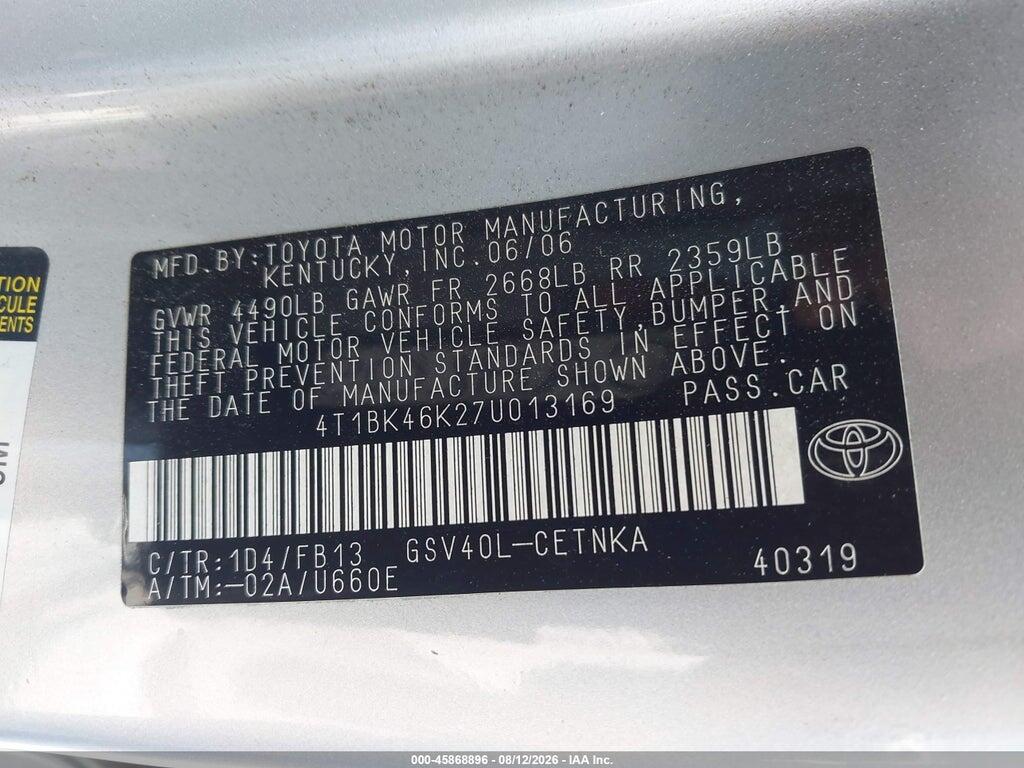 4T1BK46K27U013169 2007 TOYOTA CAMRY photo no. 9