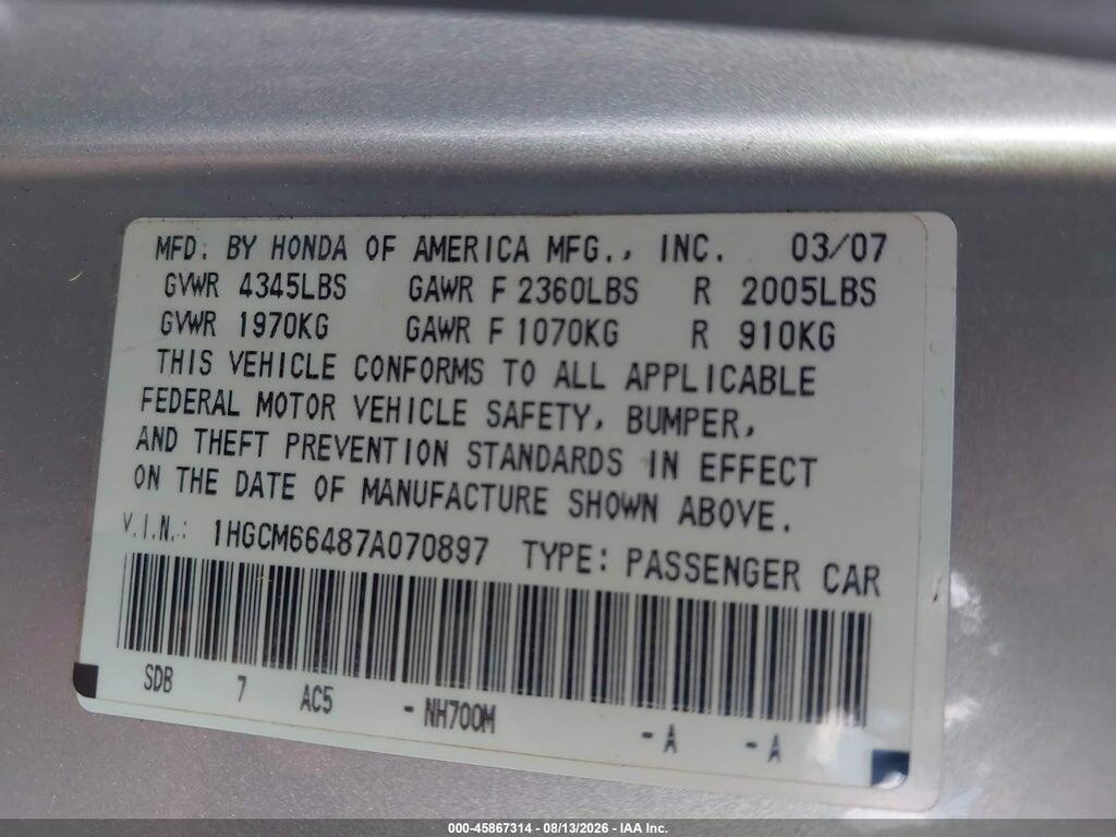 1HGCM66487A070897 2007 HONDA ACCORD photo no. 9
