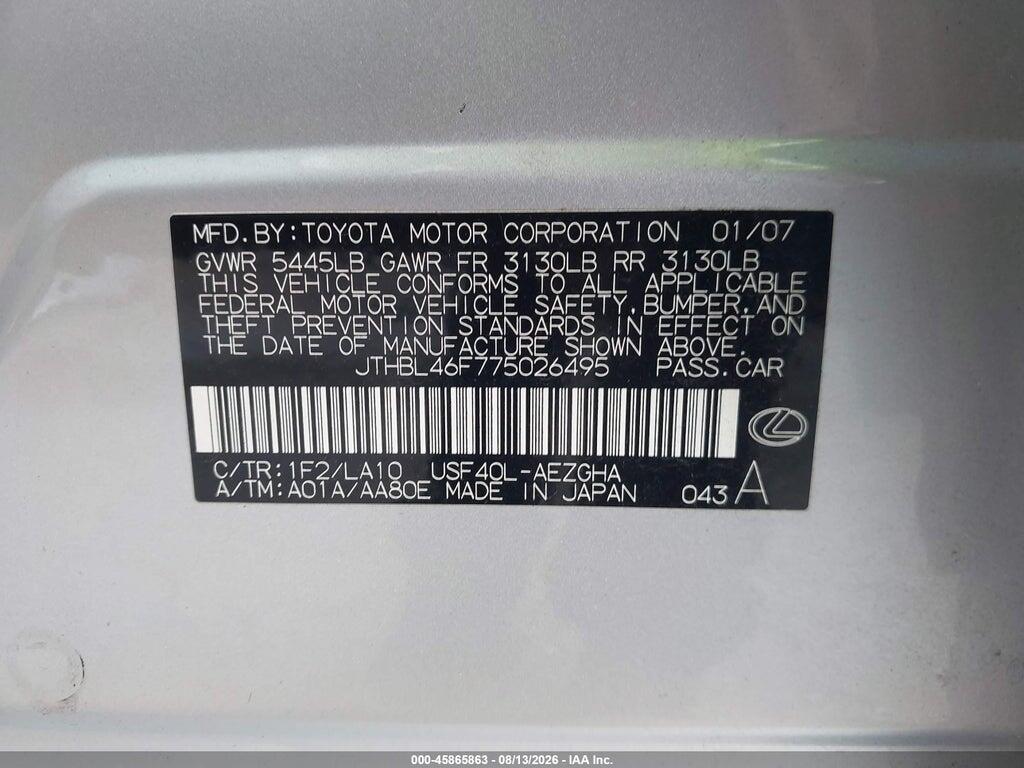 JTHBL46F775026495 2007 LEXUS LS 460 photo no. 9