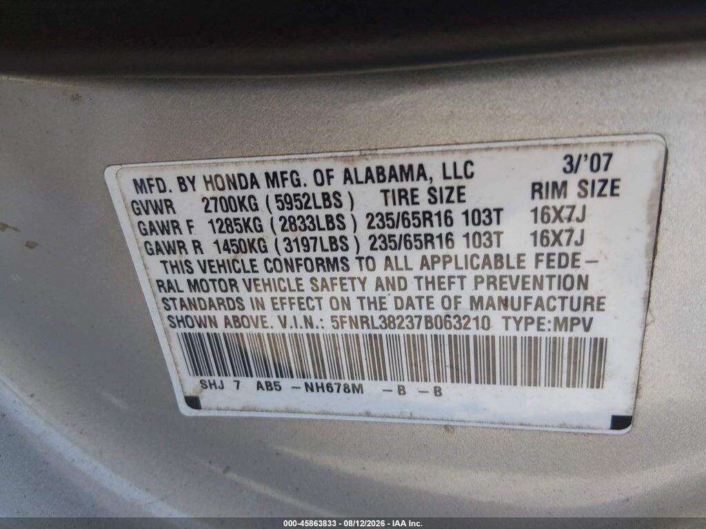 5FNRL38237B063210 2007 HONDA ODYSSEY photo no. 9