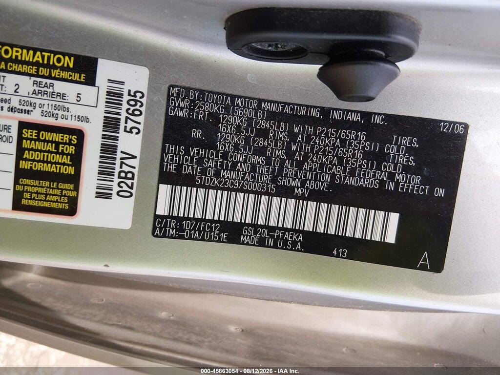 5TDZK23C97S000315 2007 TOYOTA SIENNA photo no. 9