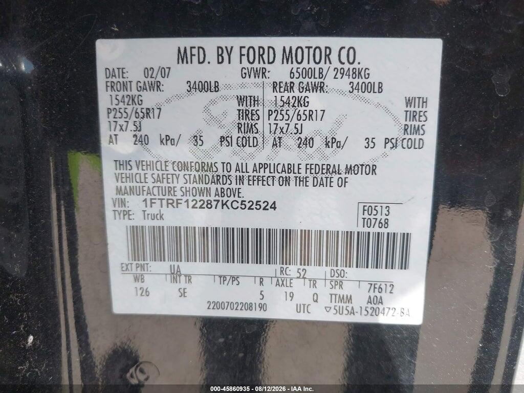 1FTRF12287KC52524 2007 FORD F-150 photo no. 9