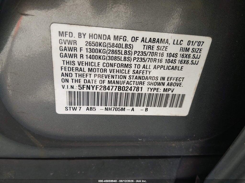 5FNYF28477B024781 2007 HONDA PILOT photo no. 9