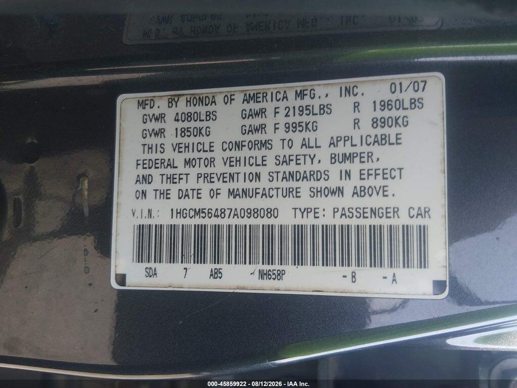 1HGCM56487A098080 2007 HONDA ACCORD photo no. 9