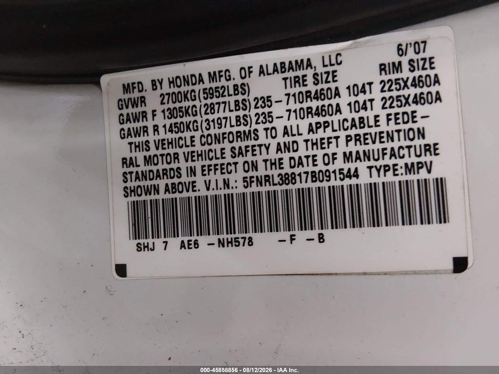 5FNRL38817B091544 2007 HONDA ODYSSEY photo no. 9