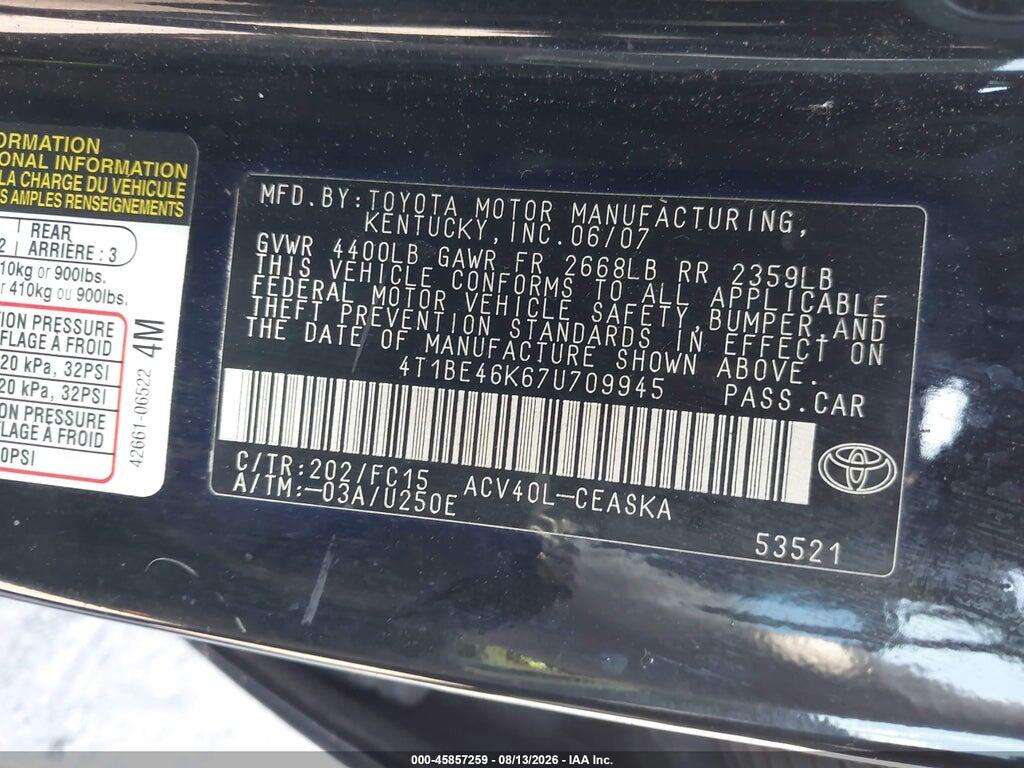 4T1BE46K67U709945 2007 TOYOTA CAMRY photo no. 9