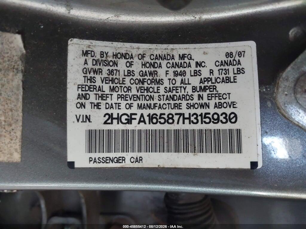 2HGFA16587H315930 2007 HONDA CIVIC photo no. 9